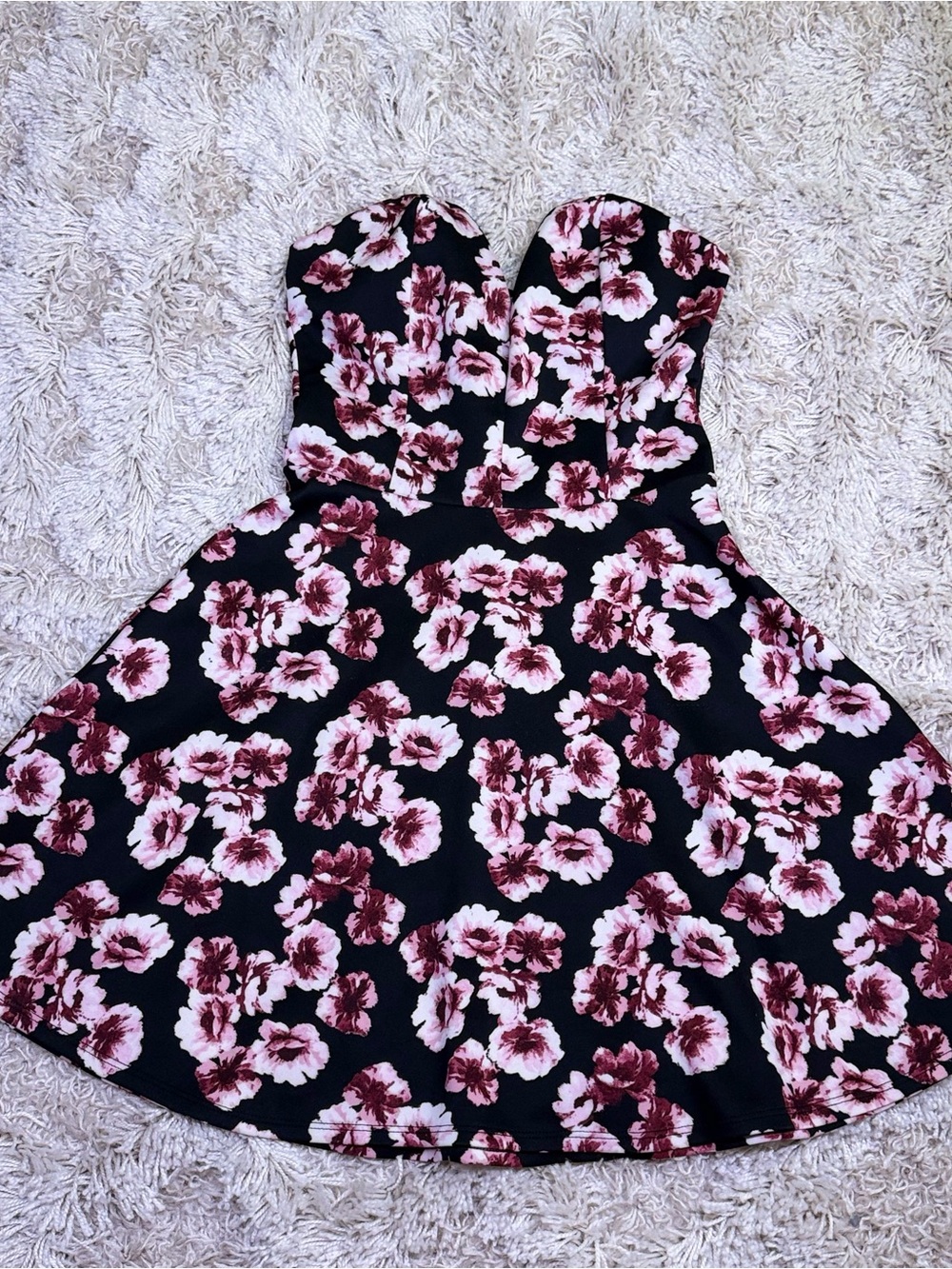 Charlotte Russe Black Pink Floral Strapless Bustier Skater Mini Dress L Y2K